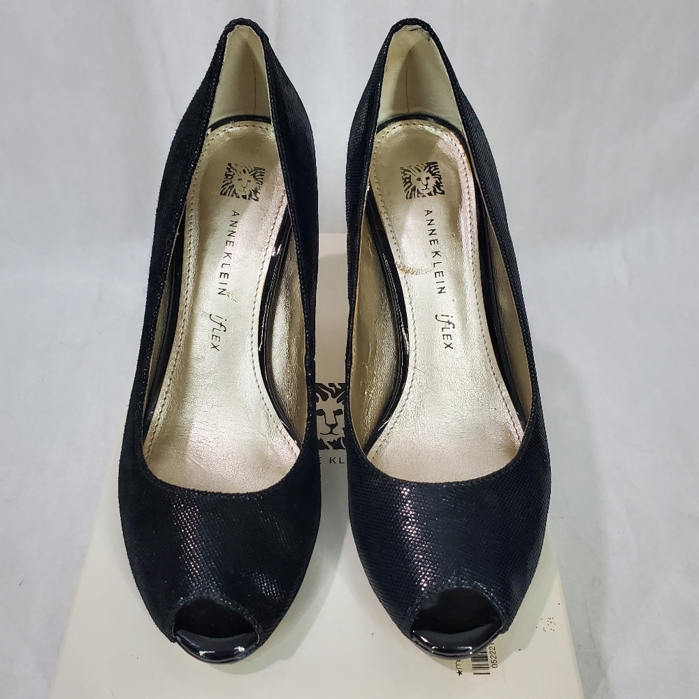 Anne Klein Womens Dyna Size 7 Black Leather Slip On Peep Toe 4" Heel Pumps - Picture 2 of 15